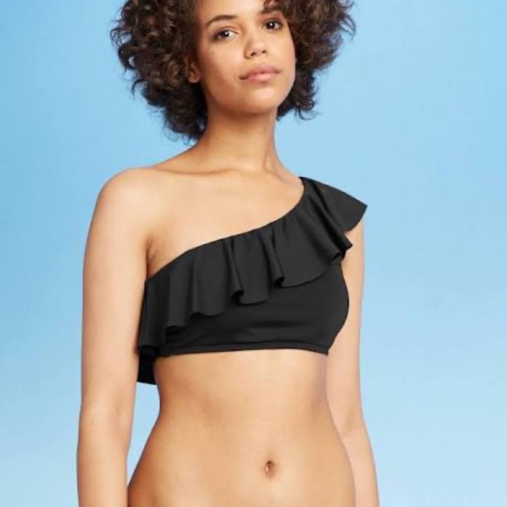 Old Navy One Shoulder Ruffle Swim Top Black, small